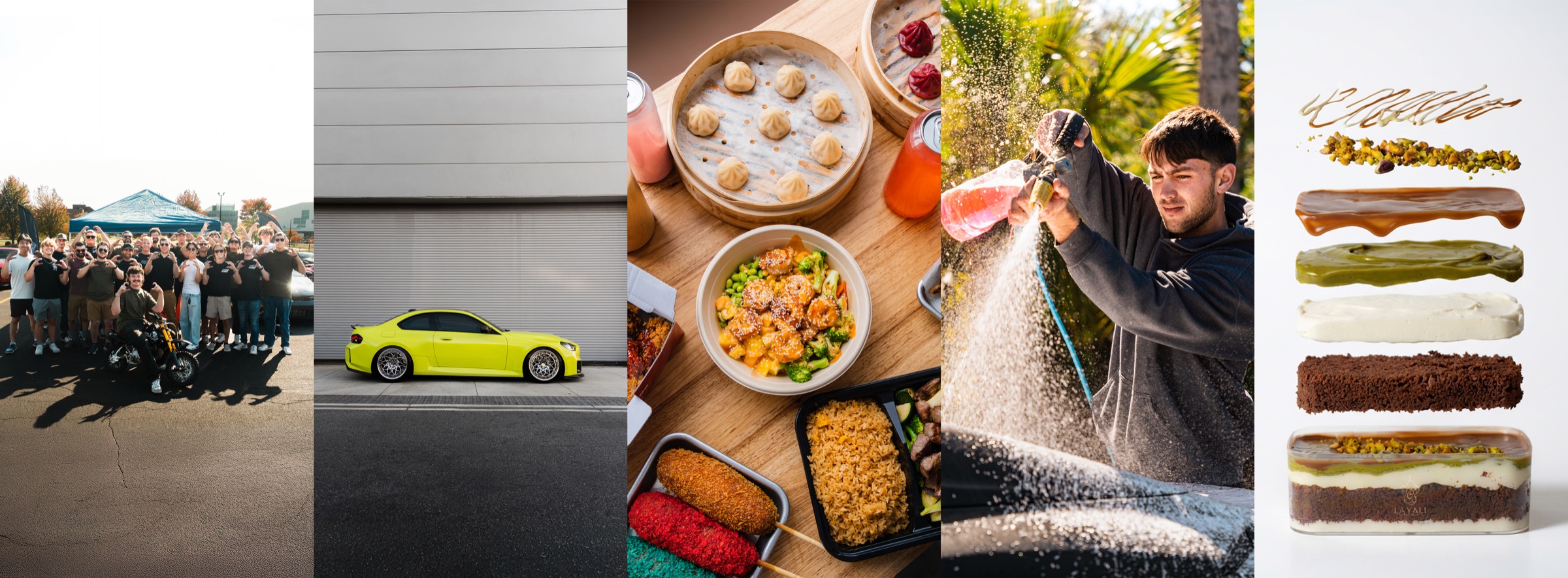 Leculture production stills: a motorsports club, a lime green sports coupe, an Asian food spread, an auto detailer at work, and Layali Coffee House desserts
