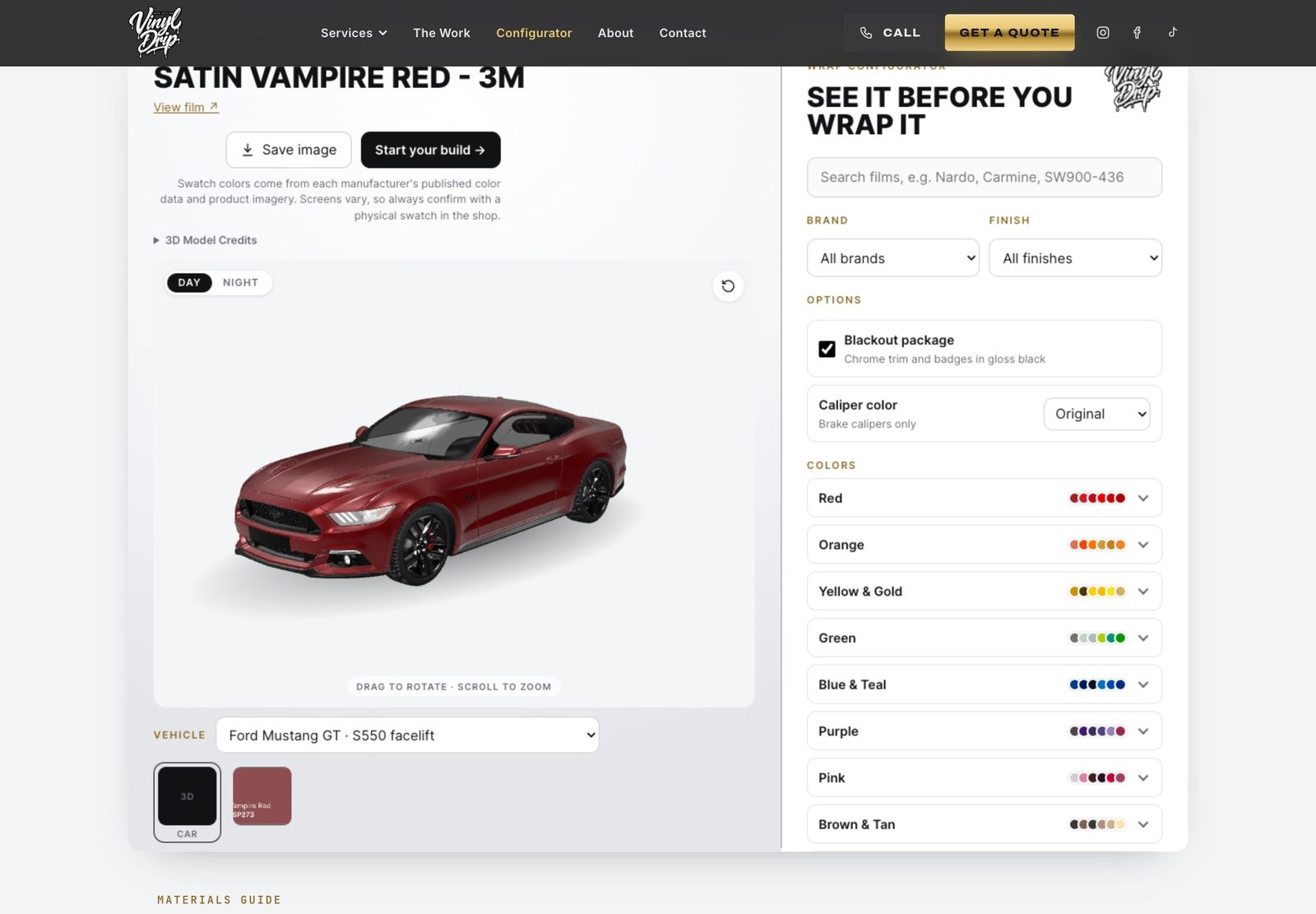 The Vinyl Drip 3D wrap configurator with a Mustang in satin red