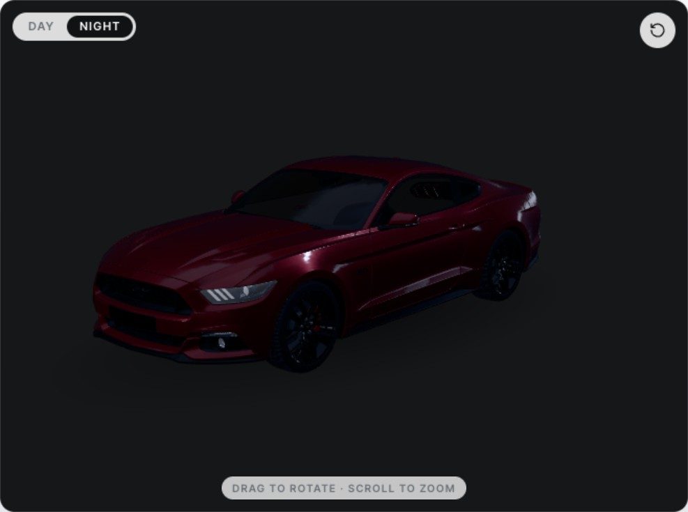 The same Mustang under night lighting