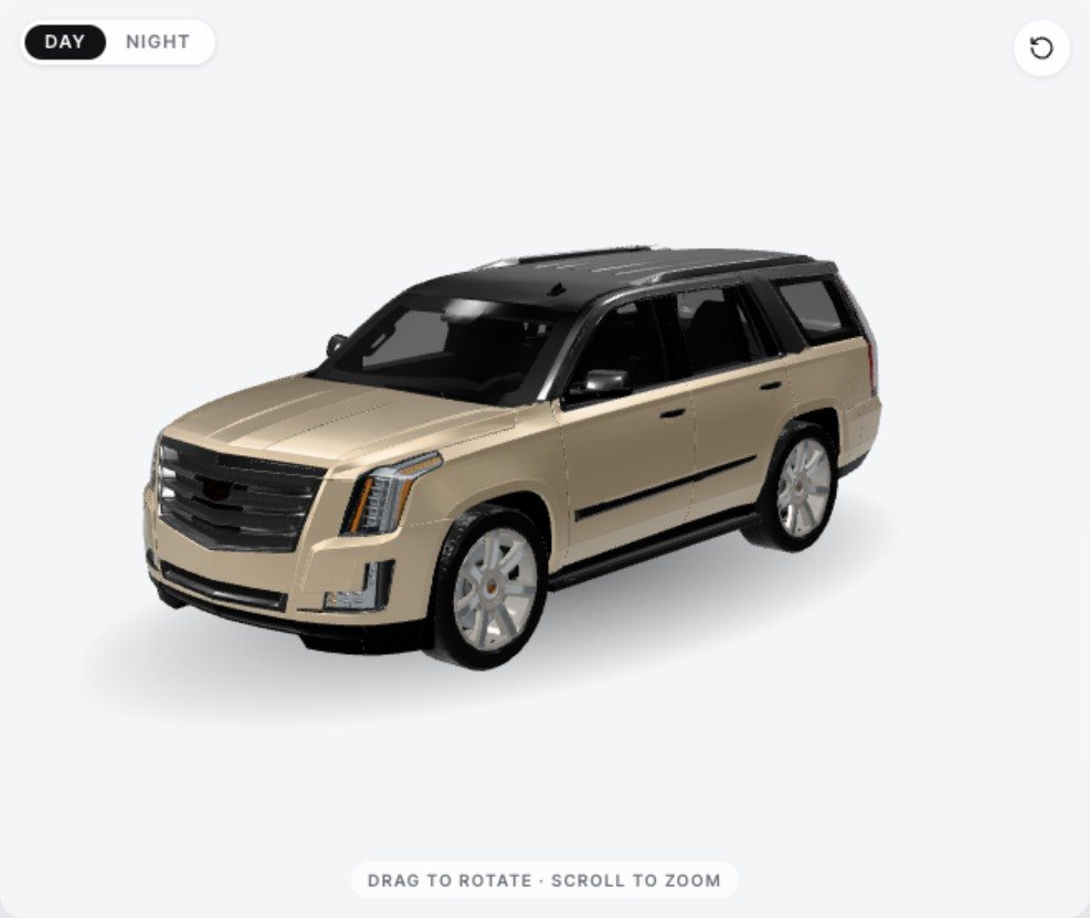 The same Escalade with the blackout and tuxedo packages: black trim plus a gloss black roof and pillars
