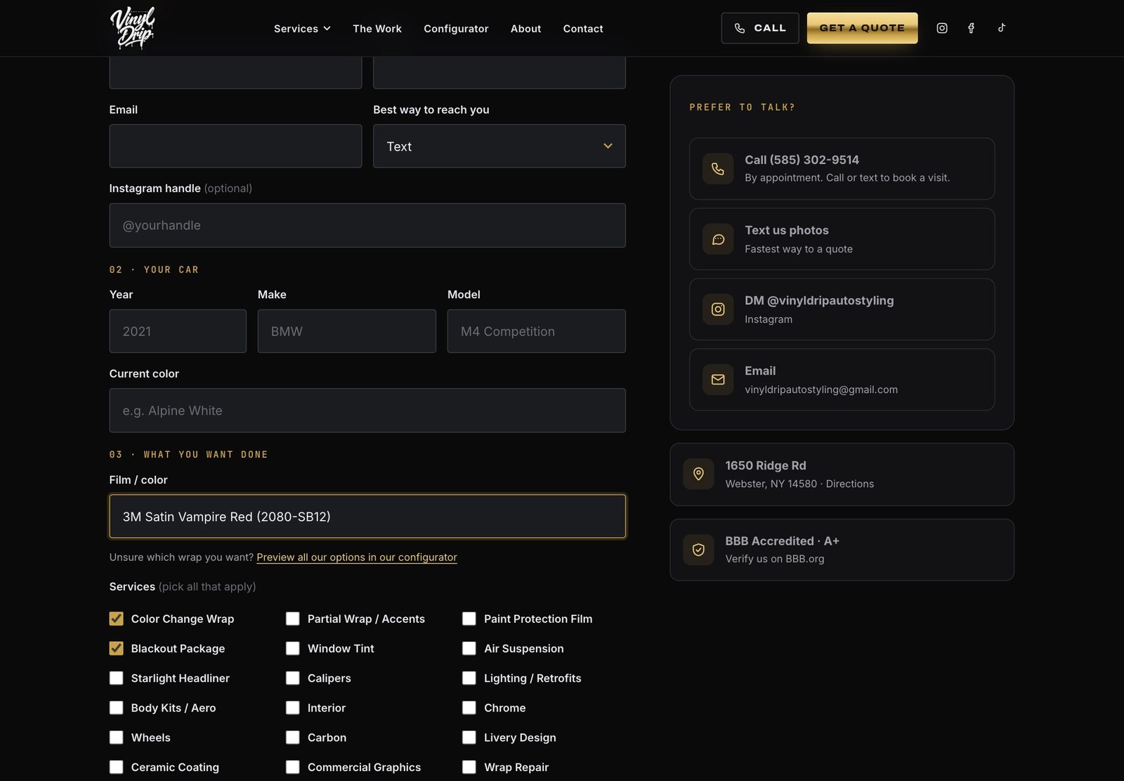 The Start Your Build form, prefilled with a film and services from the configurator