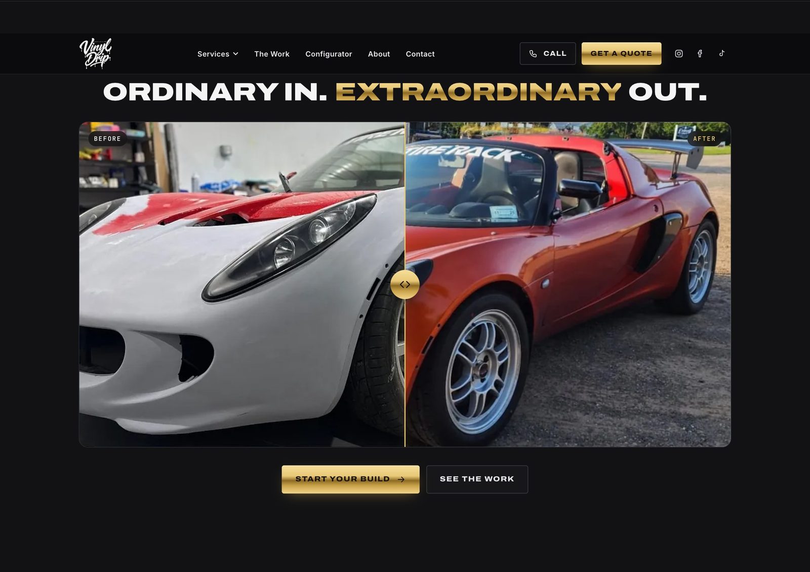Before and after slider showing a white car wrapped in orange