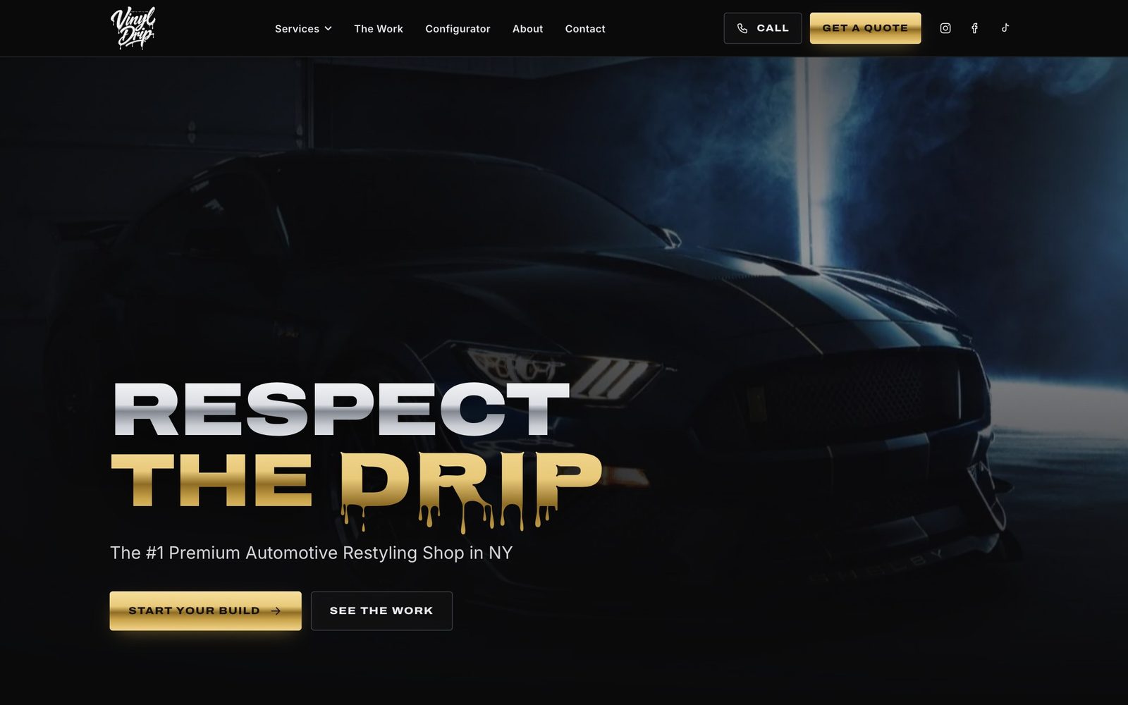 The Vinyl Drip home page: Respect the Drip headline over a midnight blue Mustang in the shop