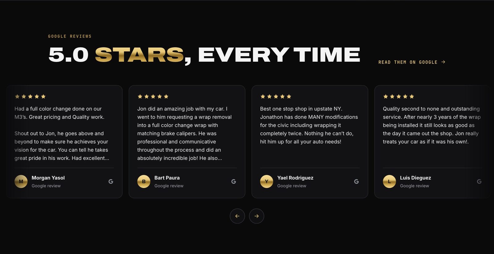 Google reviews carousel on the Vinyl Drip home page