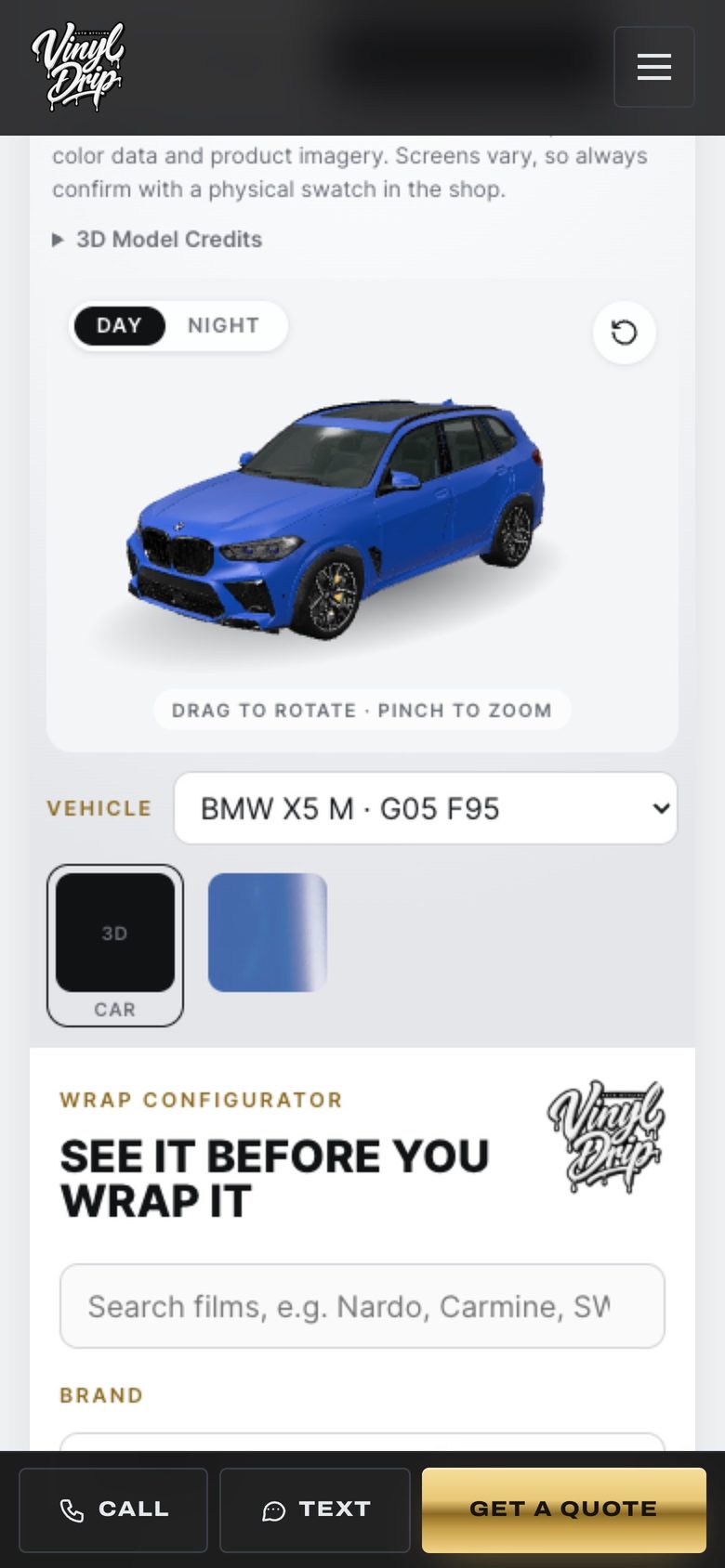 The Vinyl Drip 3D wrap configurator on a phone, showing a BMW X5 M in satin blue