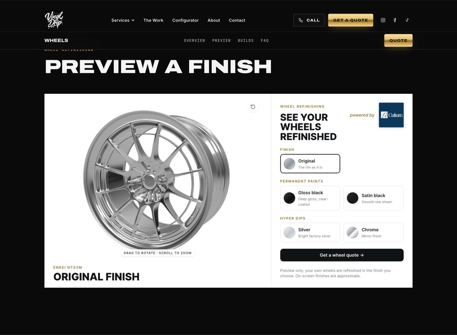 The wheel refinishing configurator showing a rim in its original finish